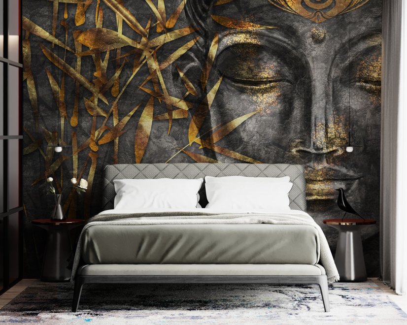 3D Look Concrete Buddha Face and Leaves Wallpaper Mural