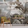 Papier peint panoramique avec peinture de feuilles tropicales et coups de pinceau
