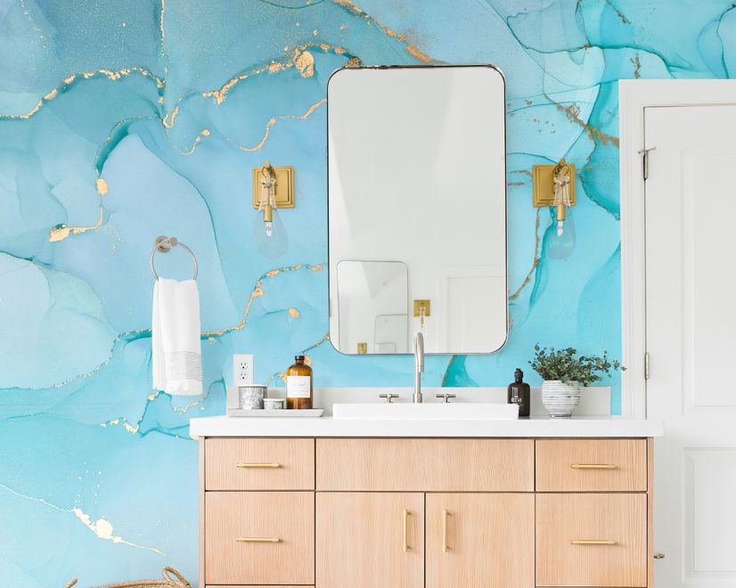 Light Blue Marble with Gold Look Splash Wallpaper Mural