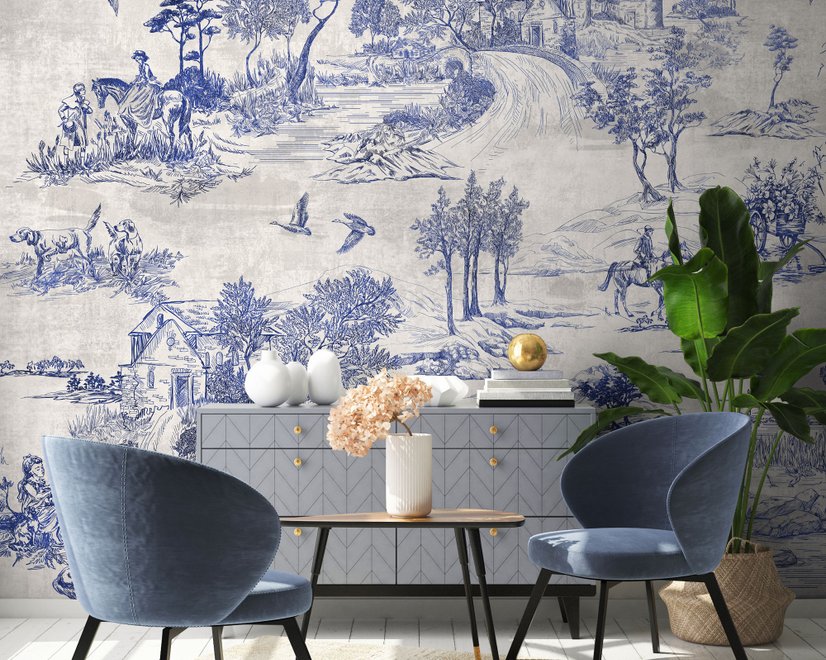 Vintage Monochrome Jouy Style Landscape Wallpaper Mural