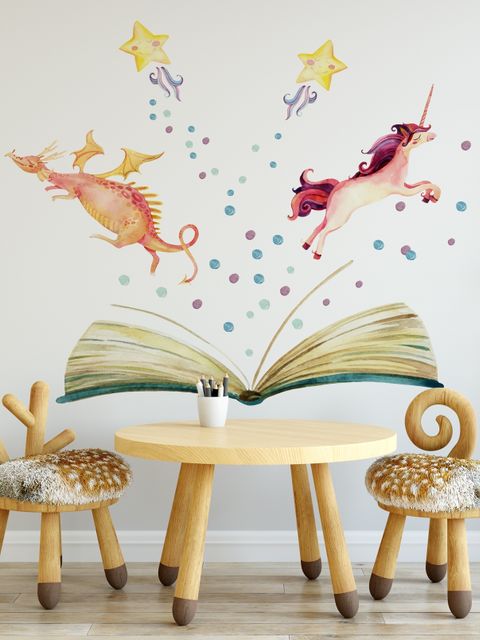 Kinder Aquarell Einhorn und Dinosaurier im Märchenbuch Wandtattoo
