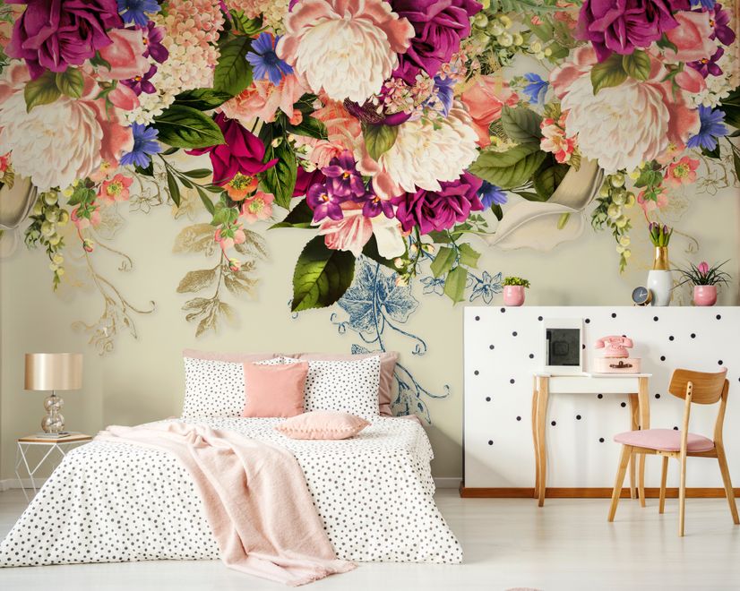 Classical Colorful Vine Flowers Wallpaper Mural
