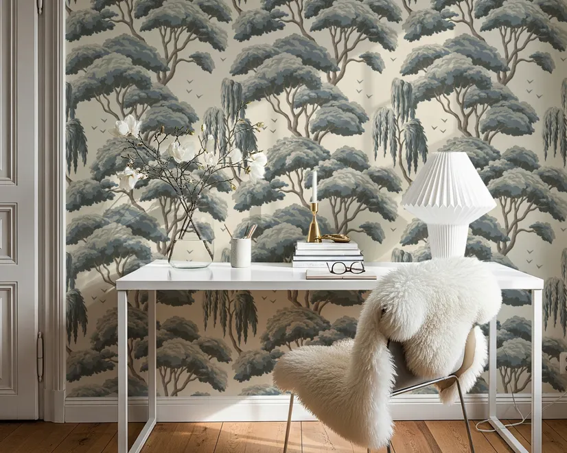 Vintage Japanese tree nature wallpaper with blue-grey canopies, willow foliage, birds and ivory-cream ground