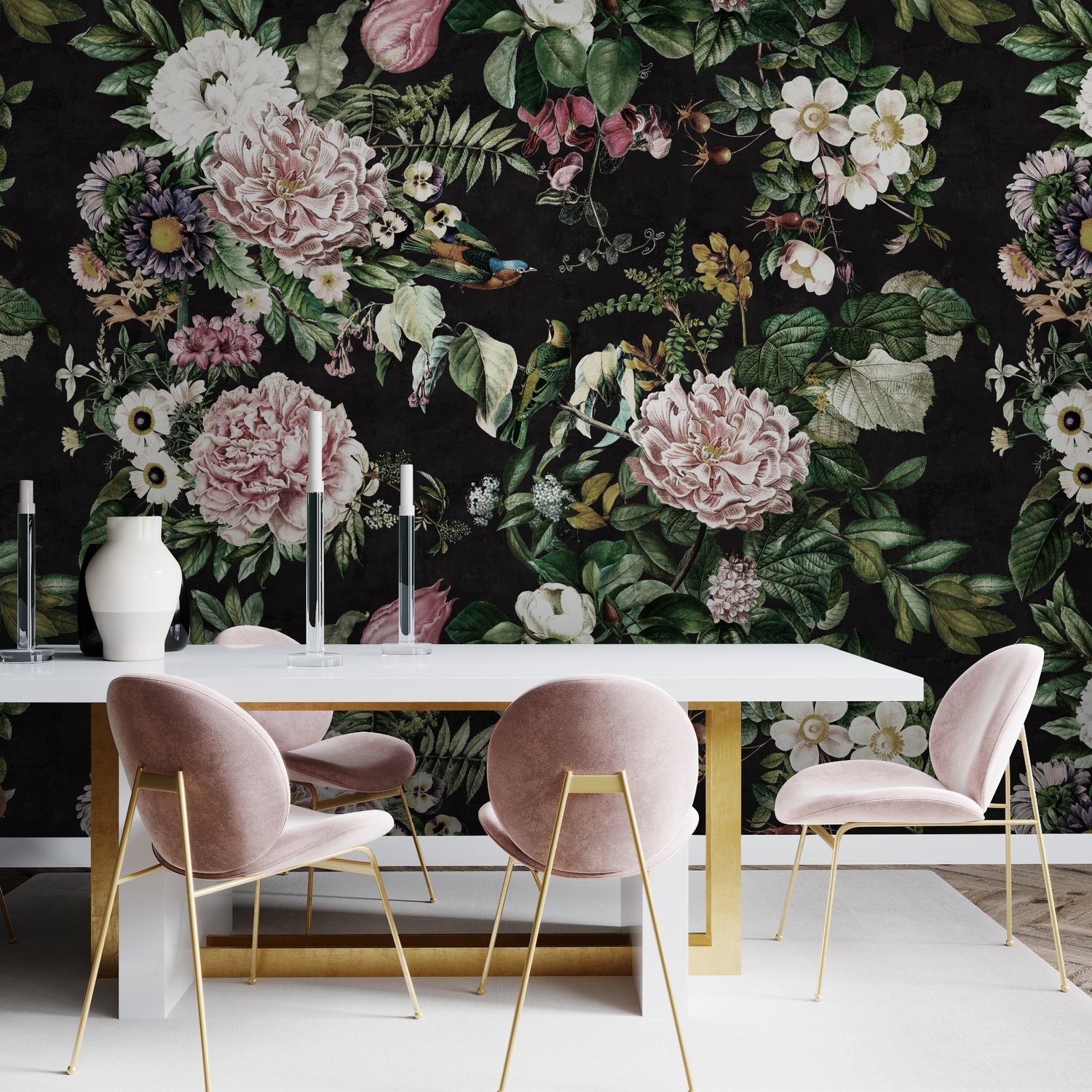 Dark Botanical Soft Floral Wallpaper Mural - Peel and Stick