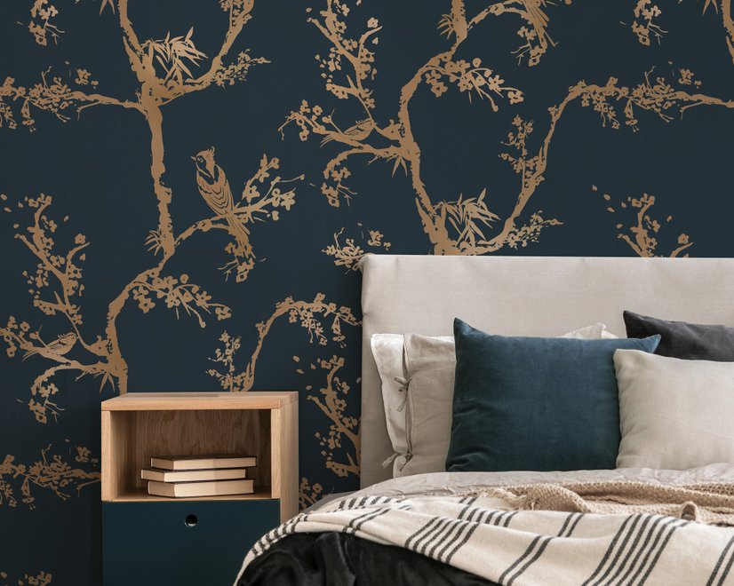 Gold Faux Tree Blossom Branch Silhouette with Birds Wallpaper Mural