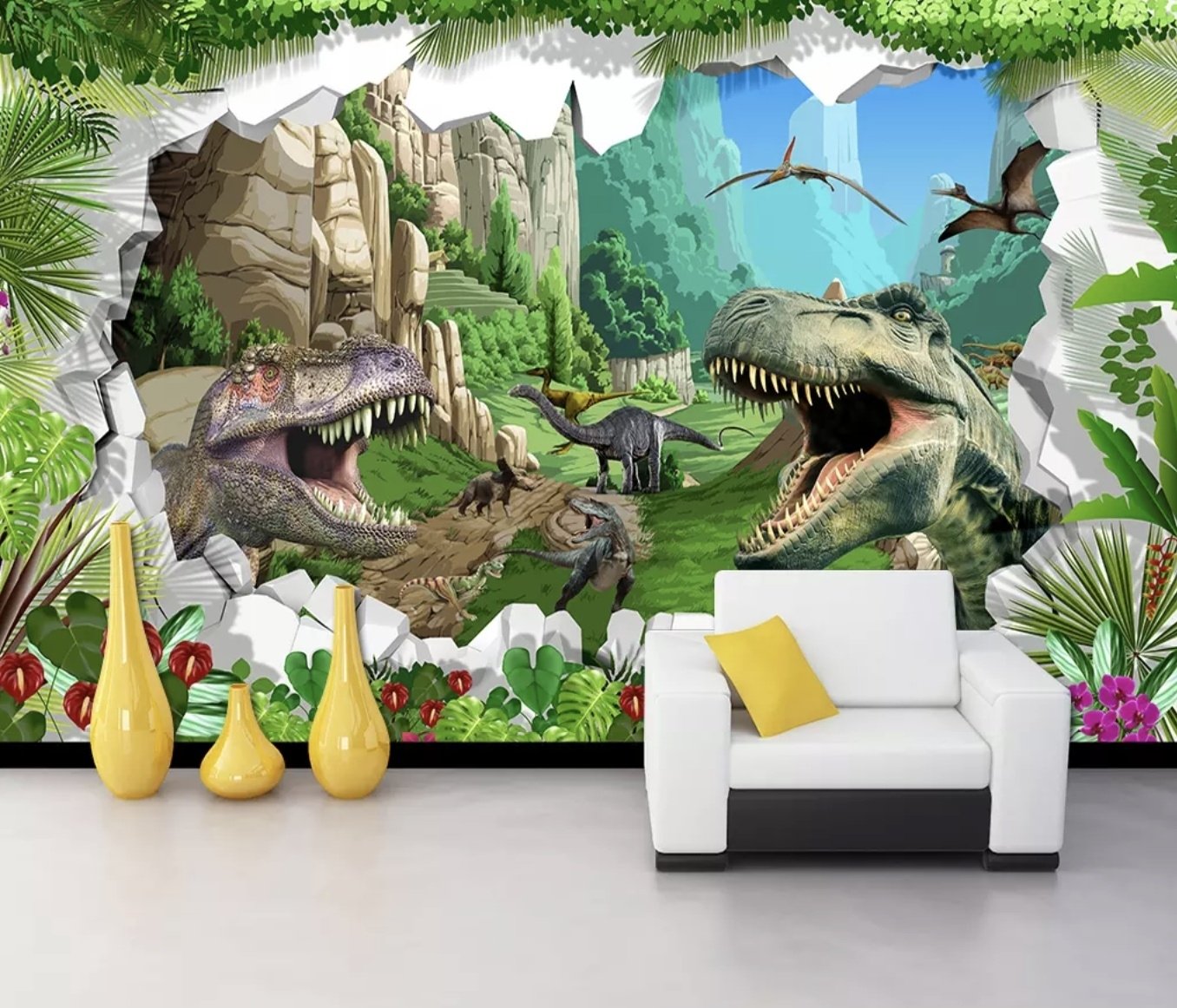 3D Look Dragons and Dinosaurs Wallpaper Mural - Peel and Stick