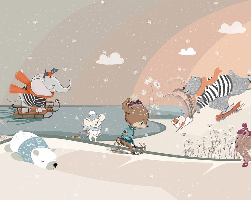 Nursery Snowy Landscape with Cute Cartoon Animals Wallpaper Mural