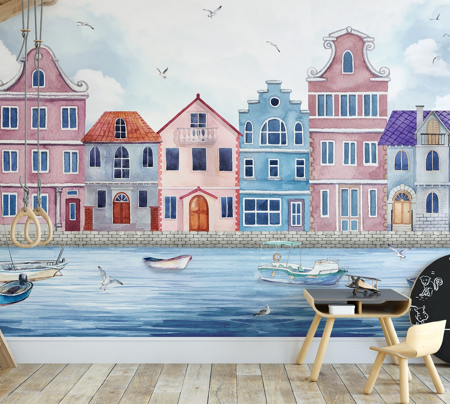 Watercolor Dutch Houses Wallpaper Mural for Kids - Peel and Stick