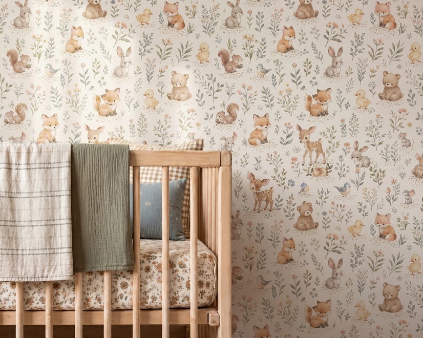 Woodland nursery wallpaper pattern with watercolour fawns, fox cubs, rabbits, teddy bears, birds and ducklings on cream