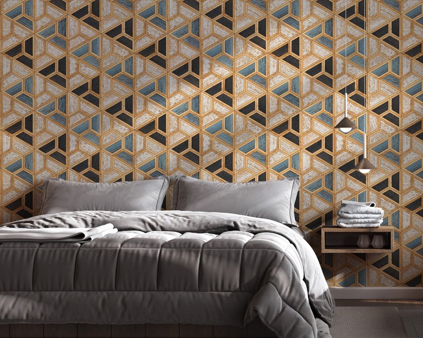 Fototapete mit Geometrischen Formen und Holzoptik