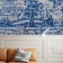 Blue Chinoiserie with Brush Tile Pattern Wallpaper Mural
