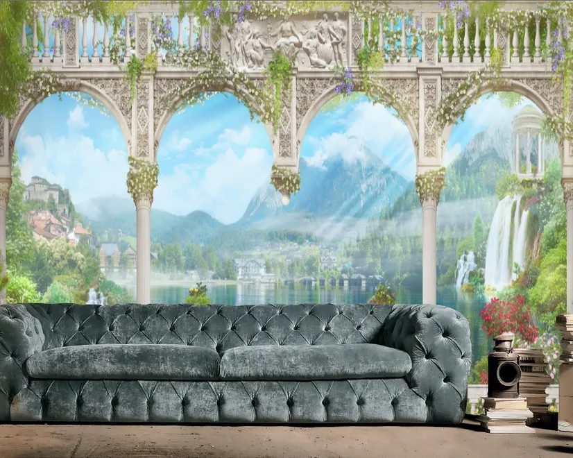 Lake Landscape on the Swan with European Style White Arches Wallpaper Mural