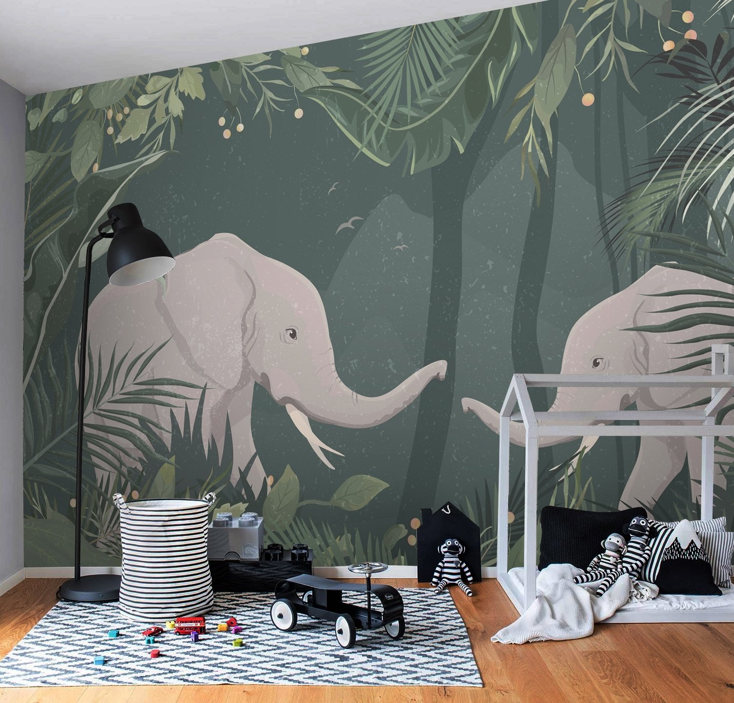 Cute Elephants on The Tropical Jungle Kids Wallpaper Mural - Peel and Stick