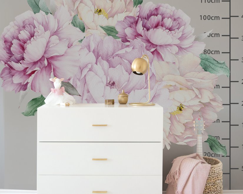 Watercolor Pink White Floral Bouqets with Green Leaf Wall Decal Sticker