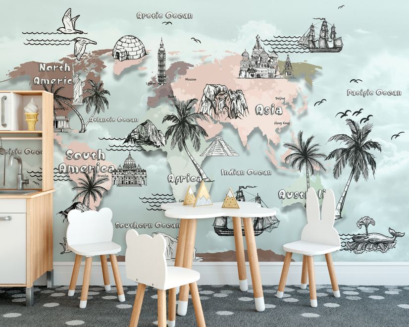 Kids World Map with Charcoal Famous Landmarks Wallpaper Mural