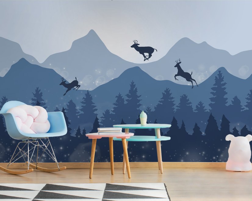 Monochrome Dunkelblauer Schneewald mit Hornsilhouette für Kinderzimmer Fototapete