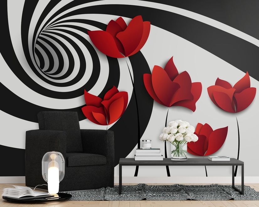 Red Poppy Floral with Abstract Fractal Wallpaper Mural