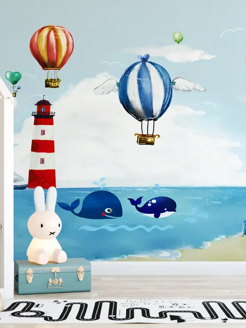 Watercolor Lighthouse with Hot Air Balloons Wallpaper Mural