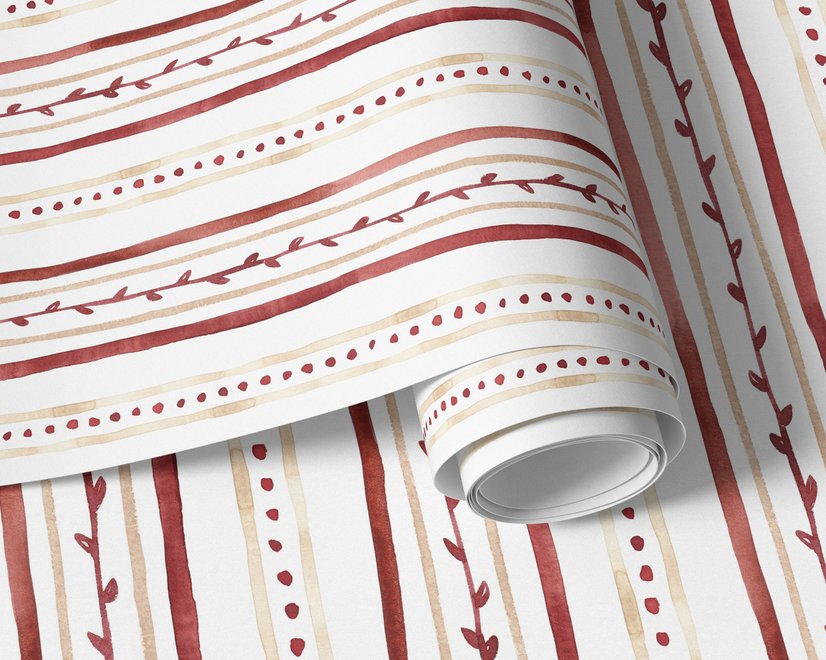 Watercolor stripe leaf wallpaper with burgundy dots and heart leaves on a bright white ground