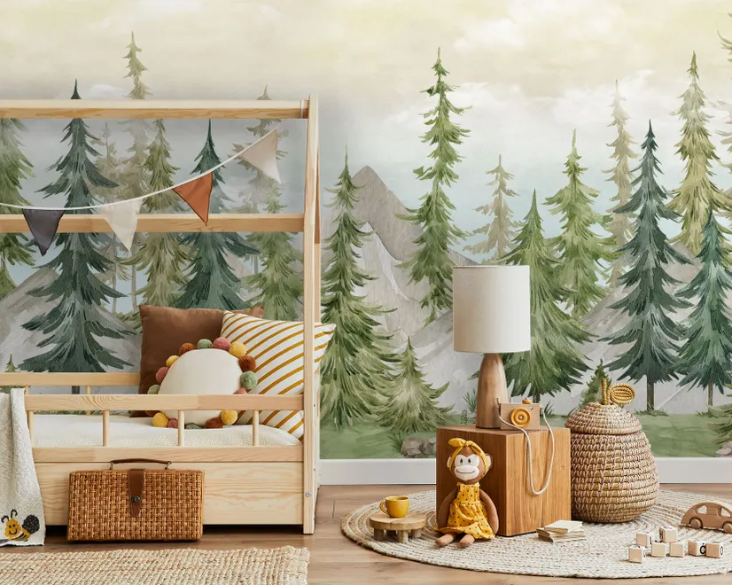 Watercolor Pine Tree Kids Nursery Forest Wallpaper Mural