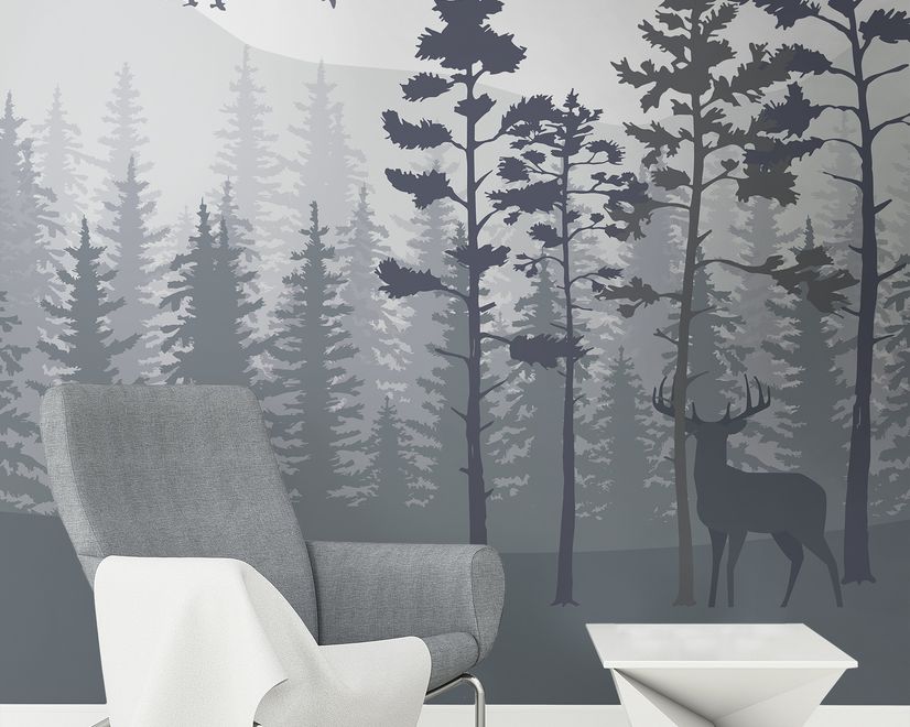 Monochrome Mountain and Forest Scape Wallpaper Mural