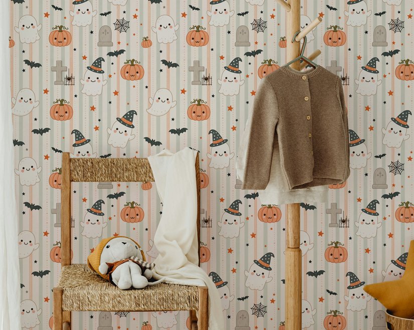 Cute autumn wallpaper with white ghosts, orange pumpkins, black bats and sage striped background