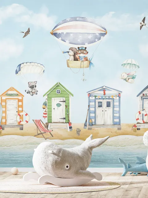 Watercolor Kids Beach House with Hot Air Balloons