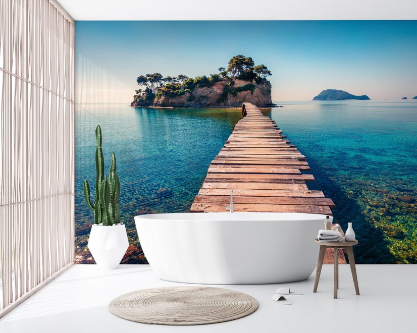 Papier peint panoramique réaliste de la mer avec pont en bois