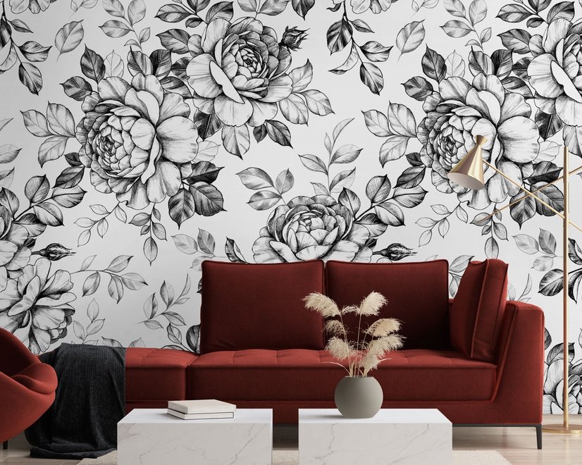 Papier peint panoramique de fleurs noires et blanches