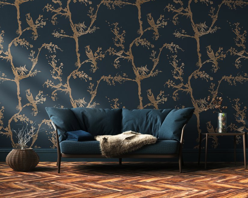 Gold Faux Tree Blossom Branch Silhouette with Birds Wallpaper Mural