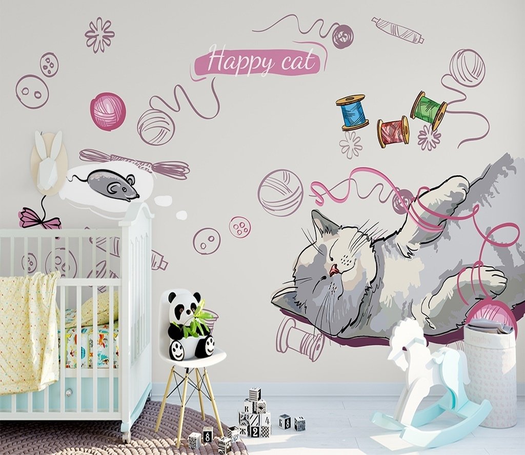 Kids Happy Cat Wallpaper Mural - Peel and Stick