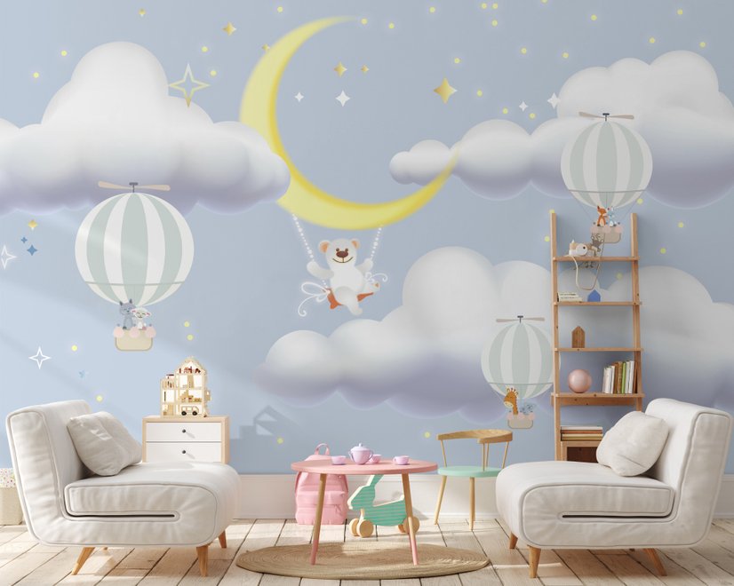 Kids Cartoon Cloud and Yellow Moon Wallpaper Mural