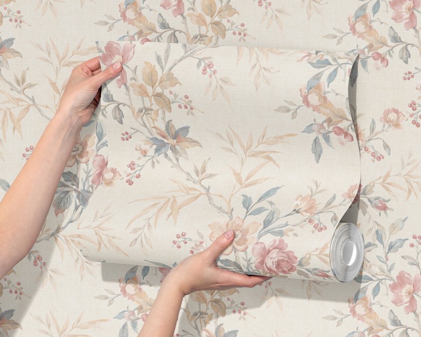 Pink chinoiserie wallpaper with watercolor flowers, blue-grey leaves and red berries on a cream linen-texture ground