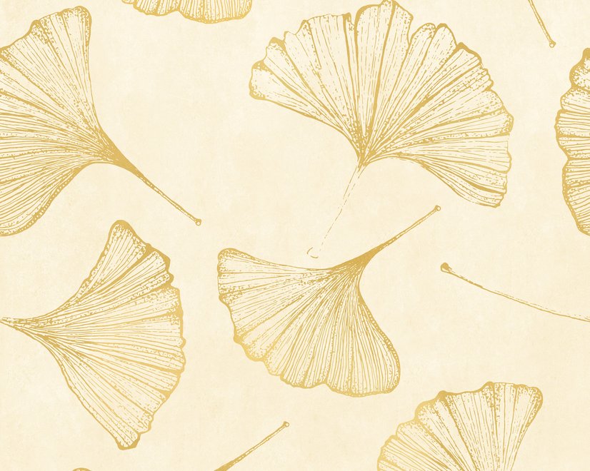 Ginkgo leaf wallpaper with ochre-gold linework on warm ivory and cream parchment ground