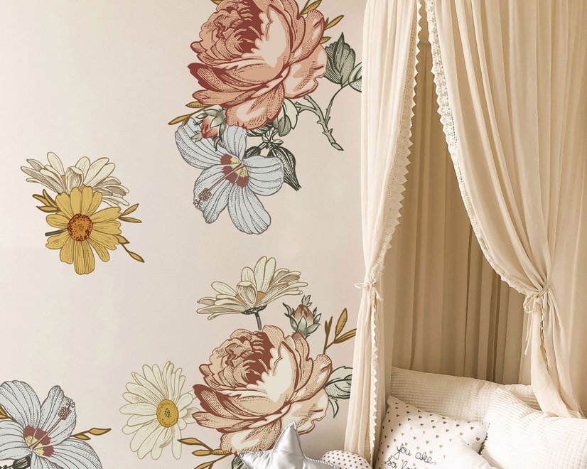 Nursery Soft Vintage Peony Floral Wall Decal Sticker