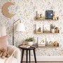 Watercolour wildflower wallpaper with pastel flowers and sage leaves on a white ground