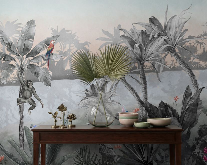 Colorful Parrot and Cute Monkey with Soft Forest Wallpaper Mural