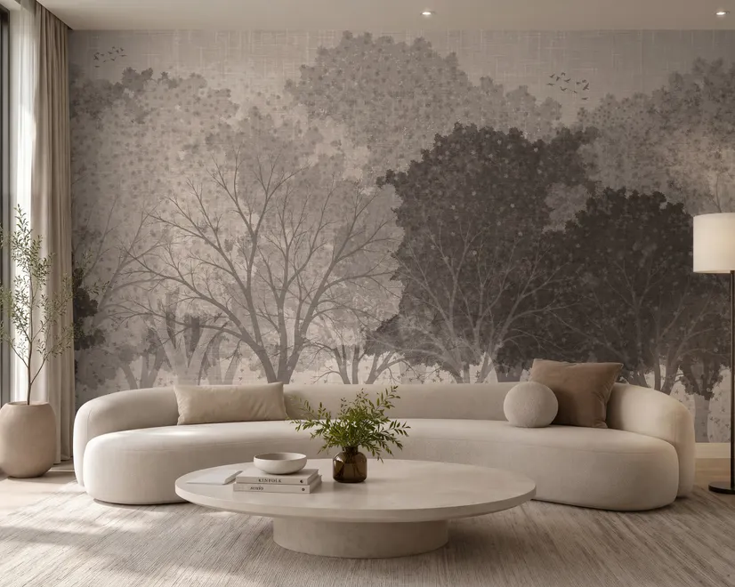 Misty forest nature wallpaper mural in greige, taupe and charcoal watercolour with birds