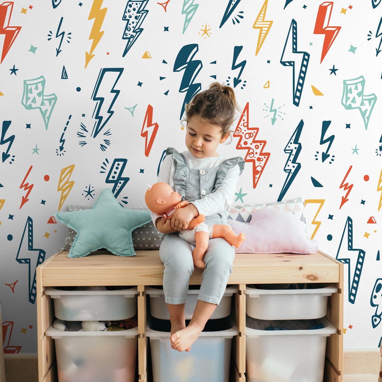 Kids Lightning Bolt Pattern Wallpaper Mural - Peel and Stick