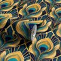 Art Deco feathers wallpaper with turquoise peacock eyes, gold plumes and navy teal ground
