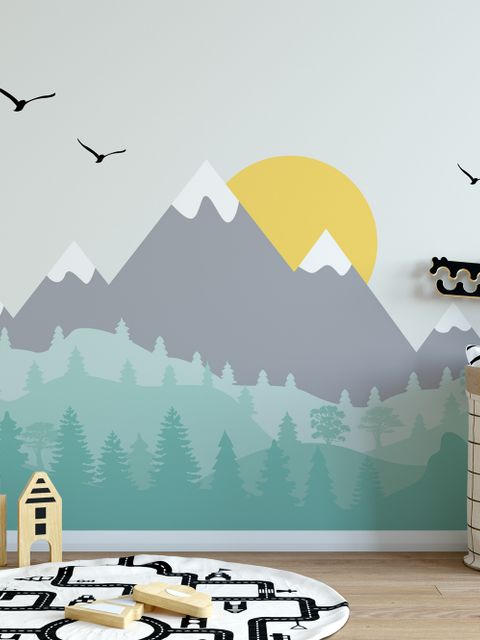 Papier peint panoramique de montagne et d'arbres pour les enfants
