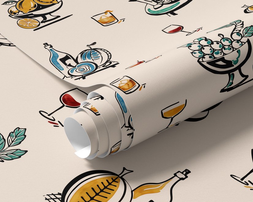 Bar area wallpaper with hand drawn cocktails, liquor bottles, citrus and fruit bowls on warm cream