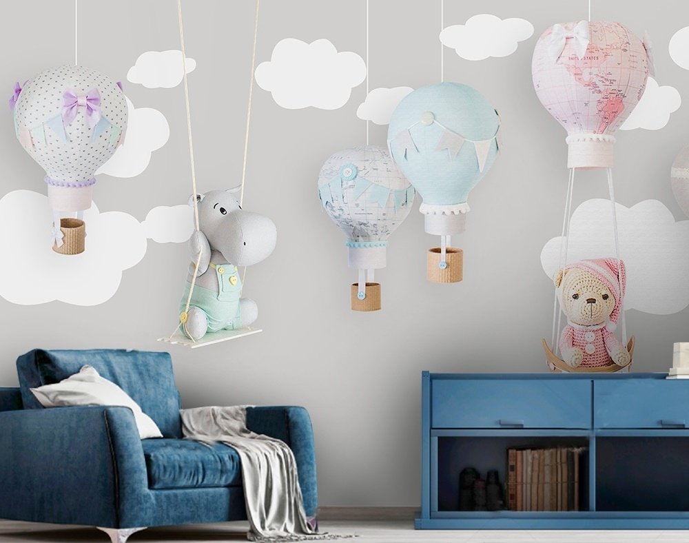 Teddy Bear Clouds and Balloons Wallpaper Mural - Peel and Stick