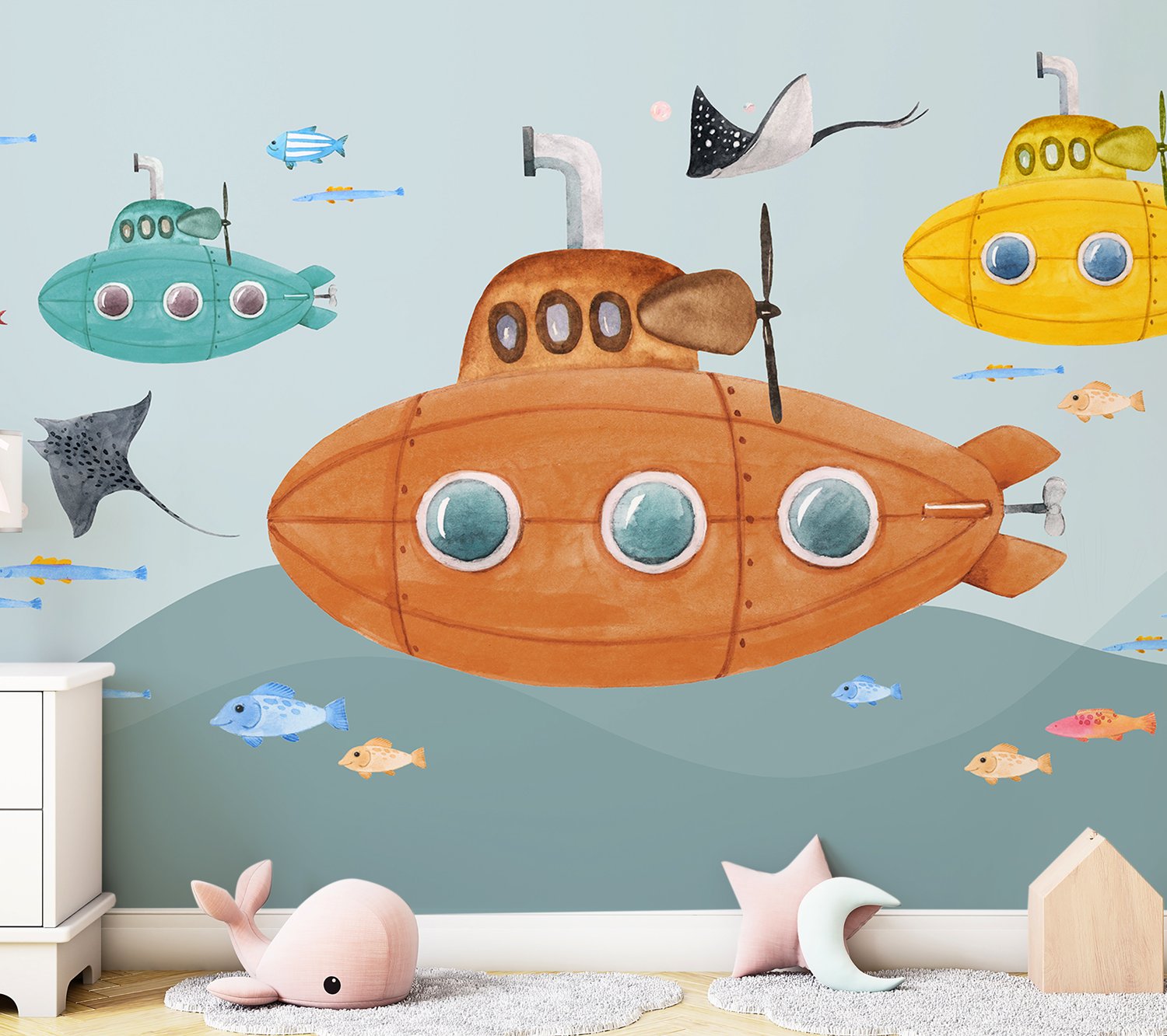 Kids Boys Watercolor Underwater with Submarine Wallpaper Mural - Peel and Stick