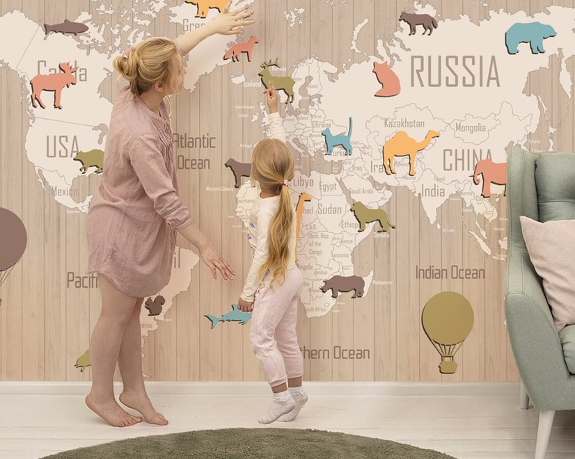 Kinderholzstil Weltkarte mit bunten Tiersilhouetten Fototapete