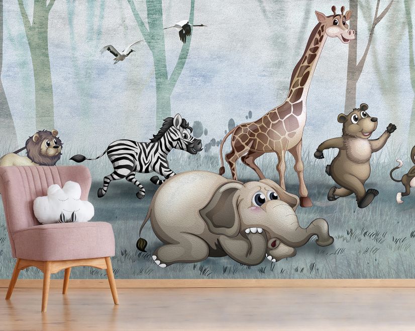 Cartoon Wild Animals and Forest Wallpaper Mural