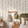 Cute floral wallpaper with green vine trails and pink, purple and yellow watercolor flowers on cream