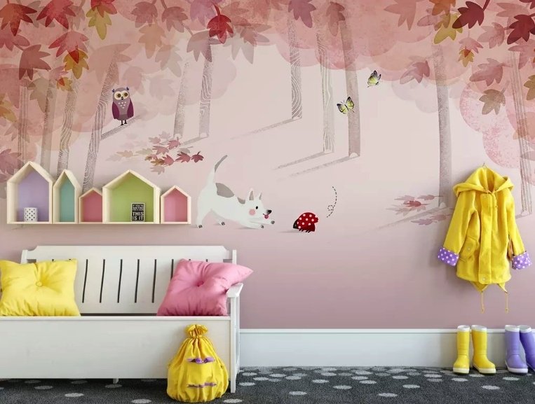 Papier peint panoramique forêt rose avec chats et hibou