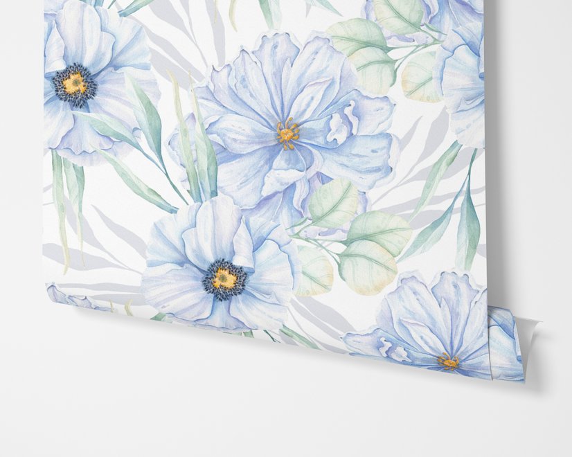 Blue floral wallpaper with watercolour anemone blooms, mint sage leaves and yellow ochre centres on white