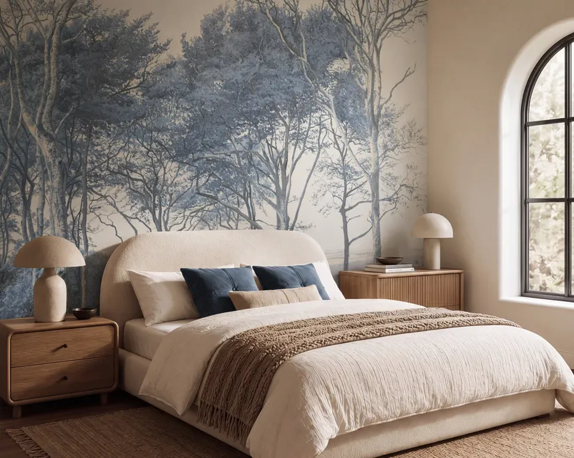 Blue forest background wallpaper mural with coastal trees, sea water and small white sailboats